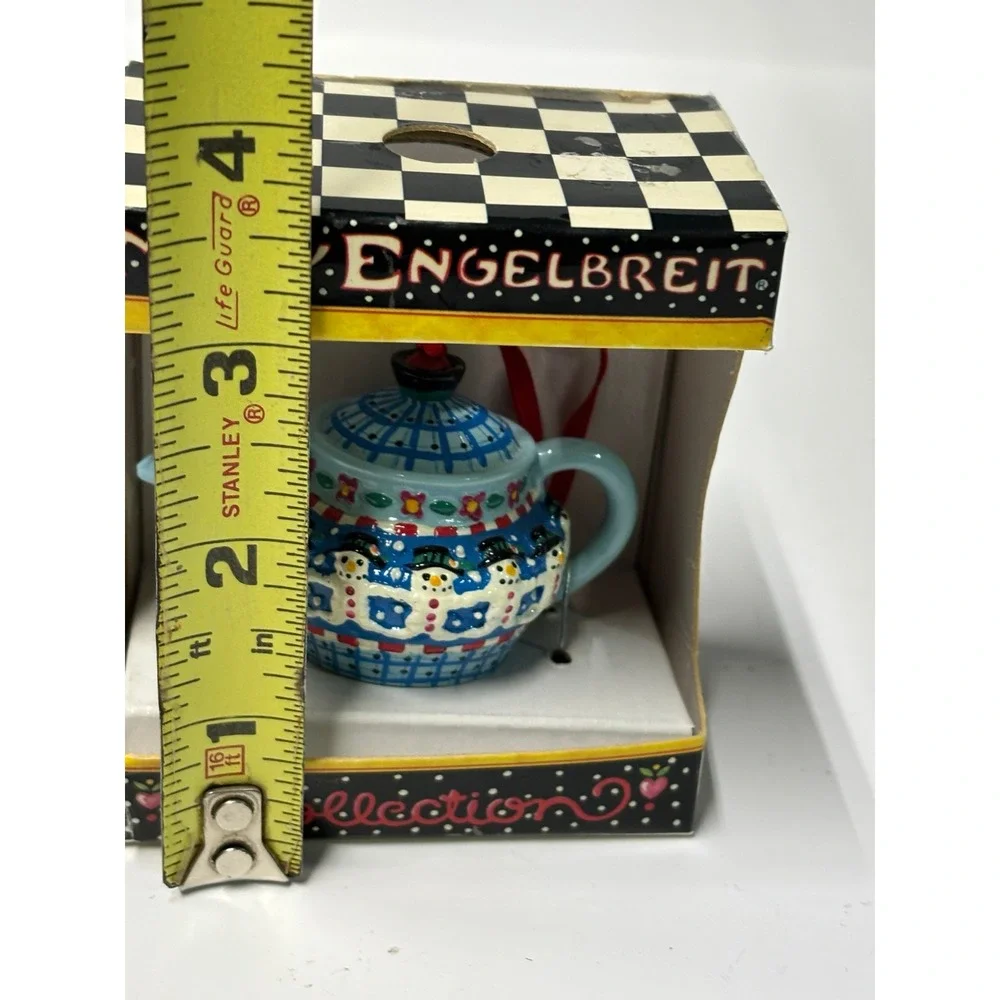 Mary Engelbreit Blue Checks Teapot Ornament Snowman Miniature Collection Boxed